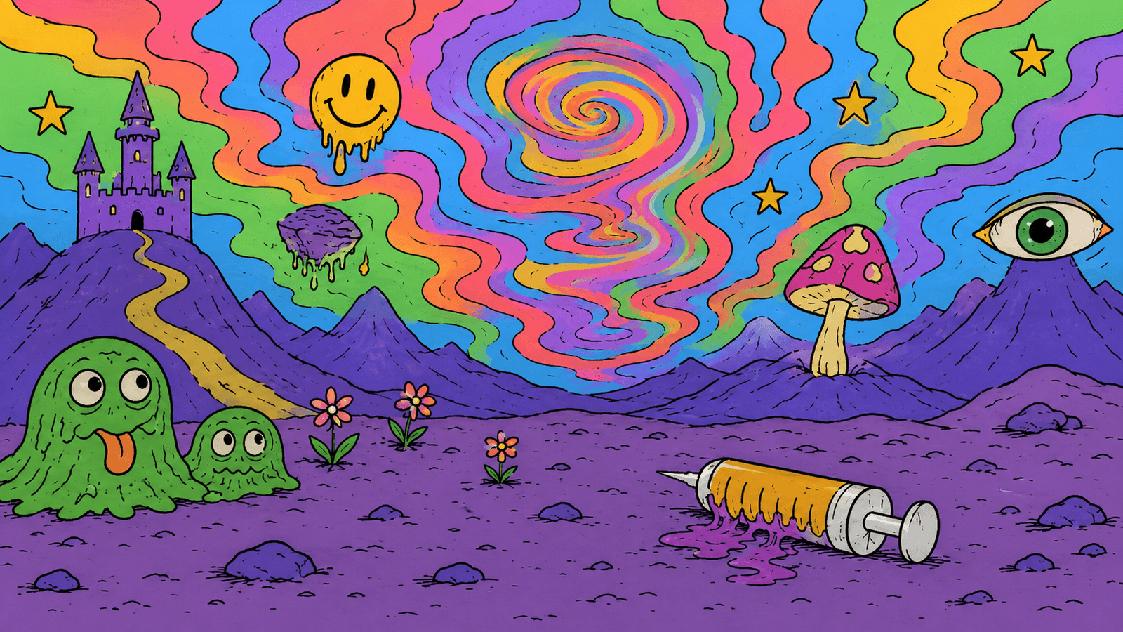 a purple wasteland: castle, mushroom, eye, dripping smiley