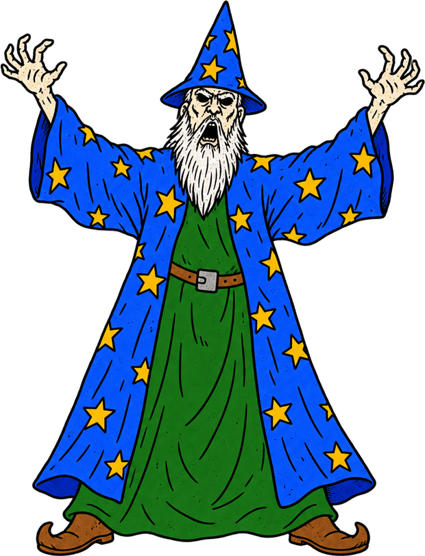 a wizard, mid spell, arms raised